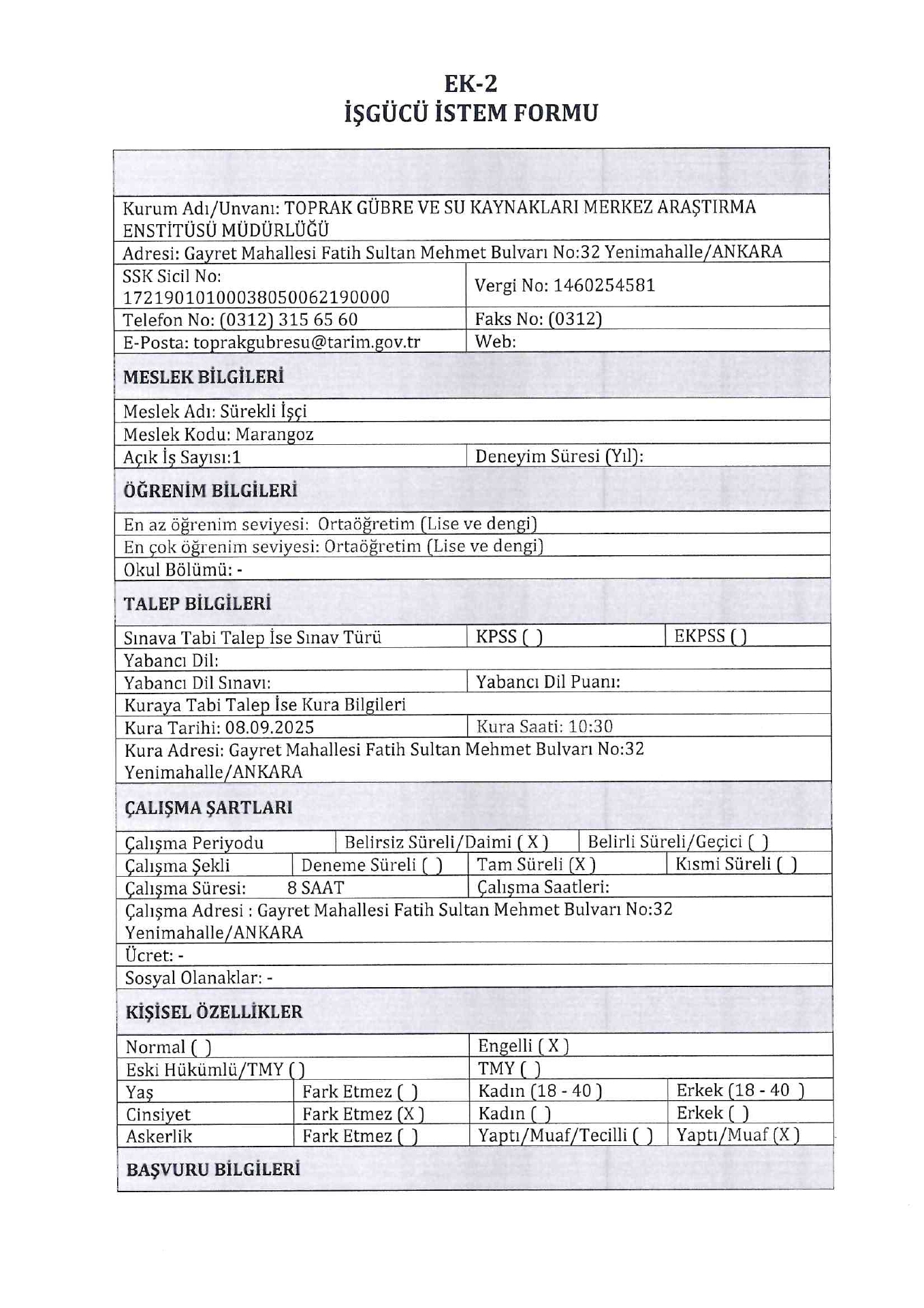 tob-3 Tarım ve Orman Bakanlığı 3 Engelli ve Eski Hükümlü İşçi Alacak