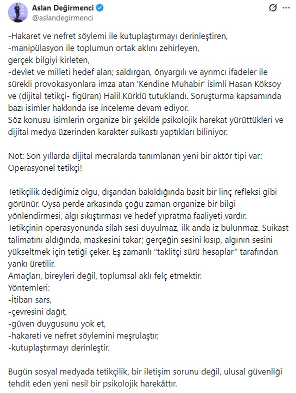 aslan-degirmenci-x-paylasimi Aslan Değirmenci duyurdu: Hakaret ve nefret söylemi cezasız kalmadı!