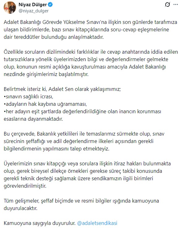niyaz-dulger-adalet-sen Adalet Bakanlığı Görevde Yükselme Sınavı’nda hatalı sorular olduğu iddasına Adalet-Sen’den tepki: “Soru-Cevap Eşleşmelerinde Tereddütler Var”