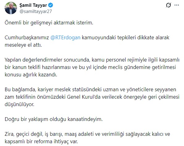 samil-tayyar-x-paylasimi Cumhurbaşkanı Erdoğan’dan Kamu Personel Rejimi İçin Kapsamlı Reform Adımı